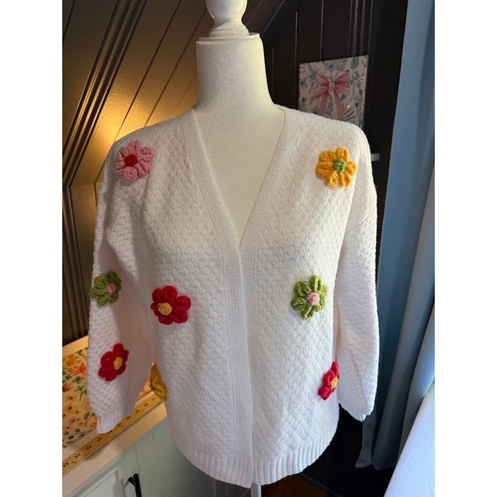 Women's Preppy Meets Cottagcore Flower Sweater - Small